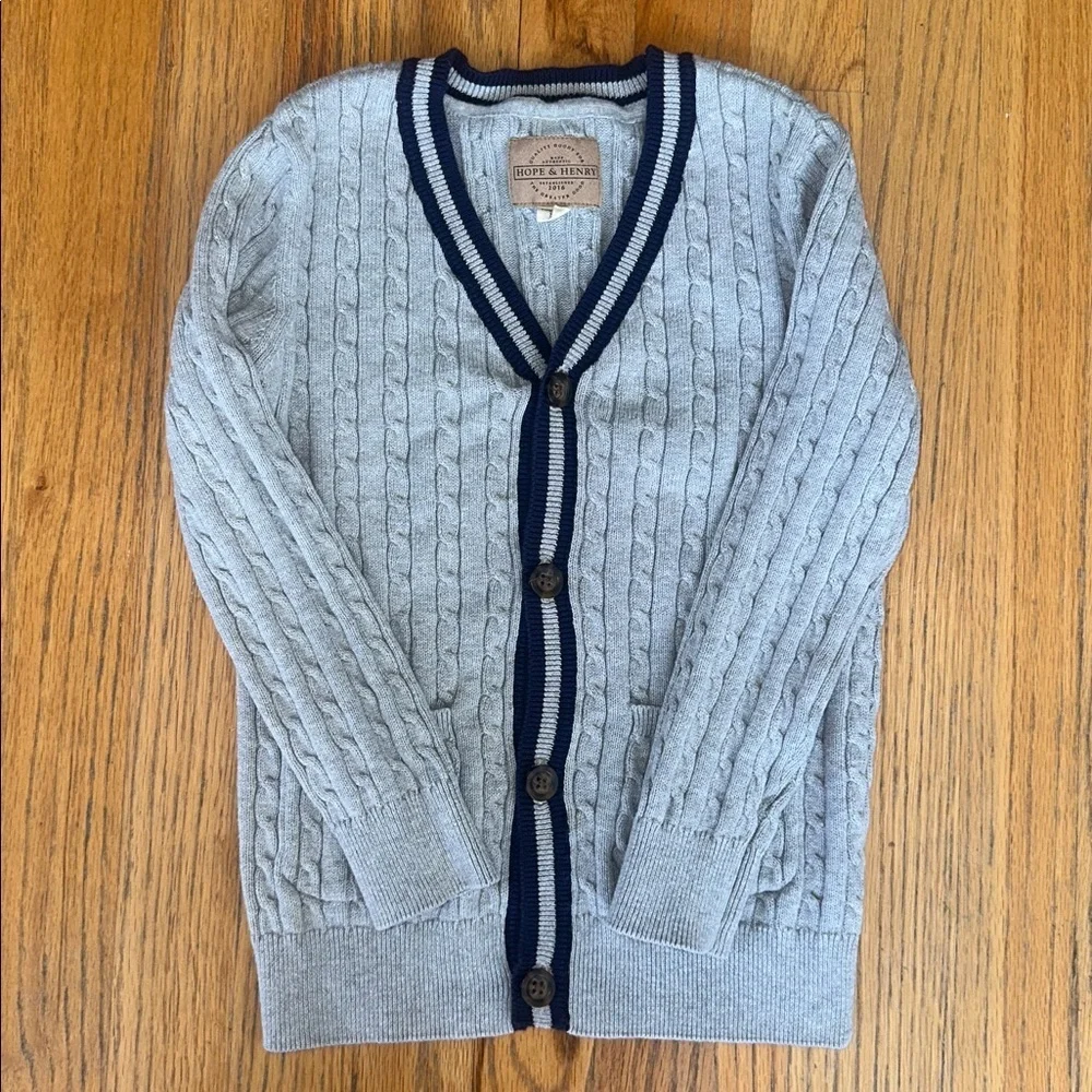 Kids Hope & Henry Gray Cardigan with Navy Trim - Picture 6 of 7
